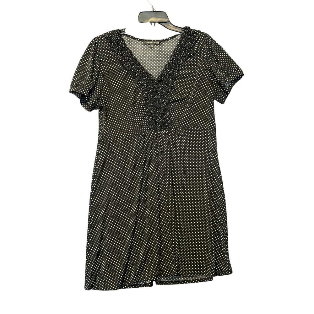 Y2K Black White Polka‎ Dot Ruffle V-Neck Dress Womens 14 Short Sleeve Babydoll